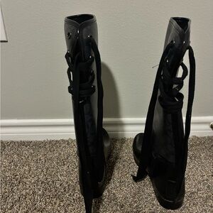 Coach Black Lace-Up Knee-High Boots with Signature Panel